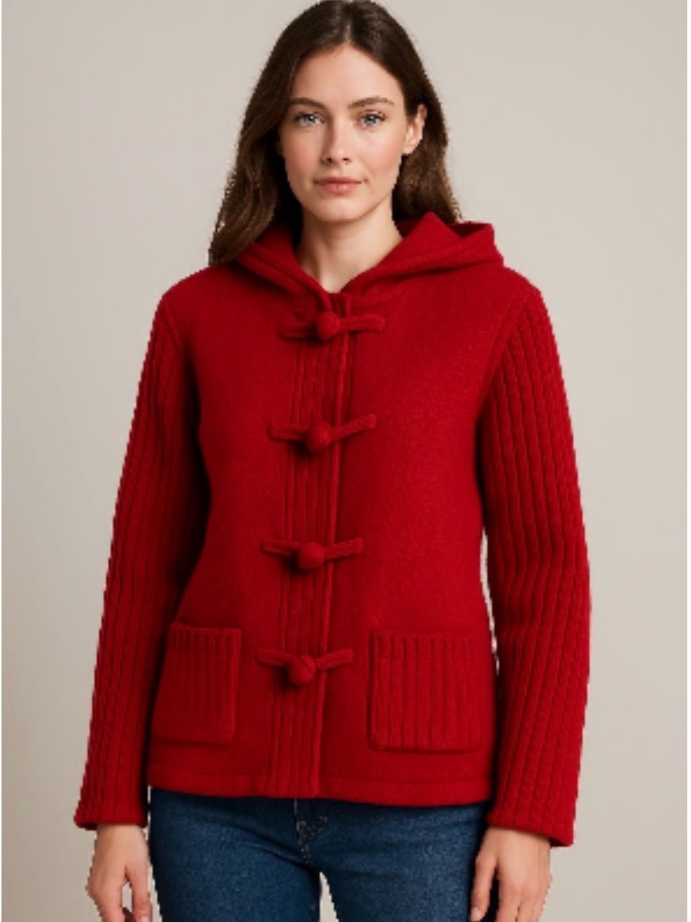 Coldwater Creek Red Hooded Toggle Zip 100% Wool Jacket EUC
